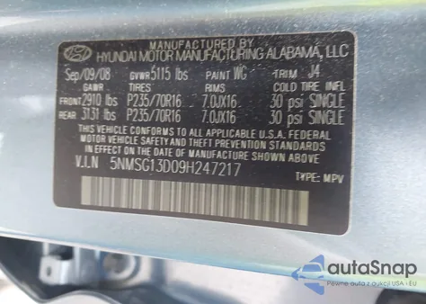 2009 Hyundai Santa Fe Gls z USA, uszkodzony, nr VIN 5NMSG13D09H247217